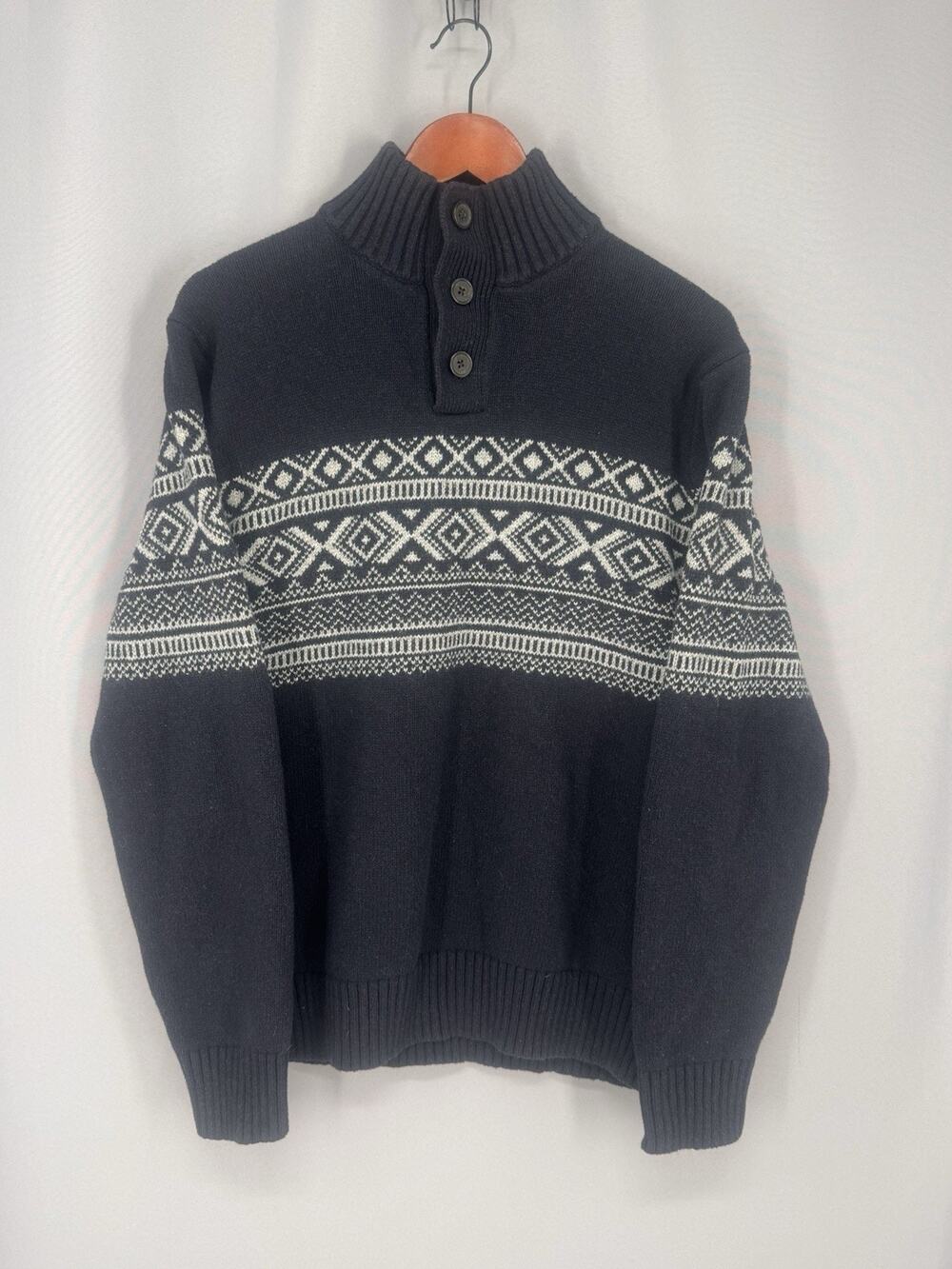 Banana Republic Sweater Mens XL Navy Fair Isle Pullover Cotton Wool Blend Cozy